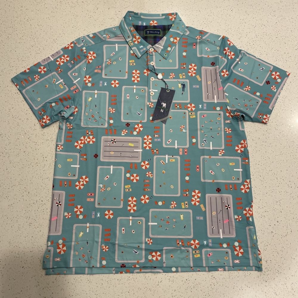 NWT William Murray Fish Outta Water Polo Shirt Mens L Sea Print Stretch Golf